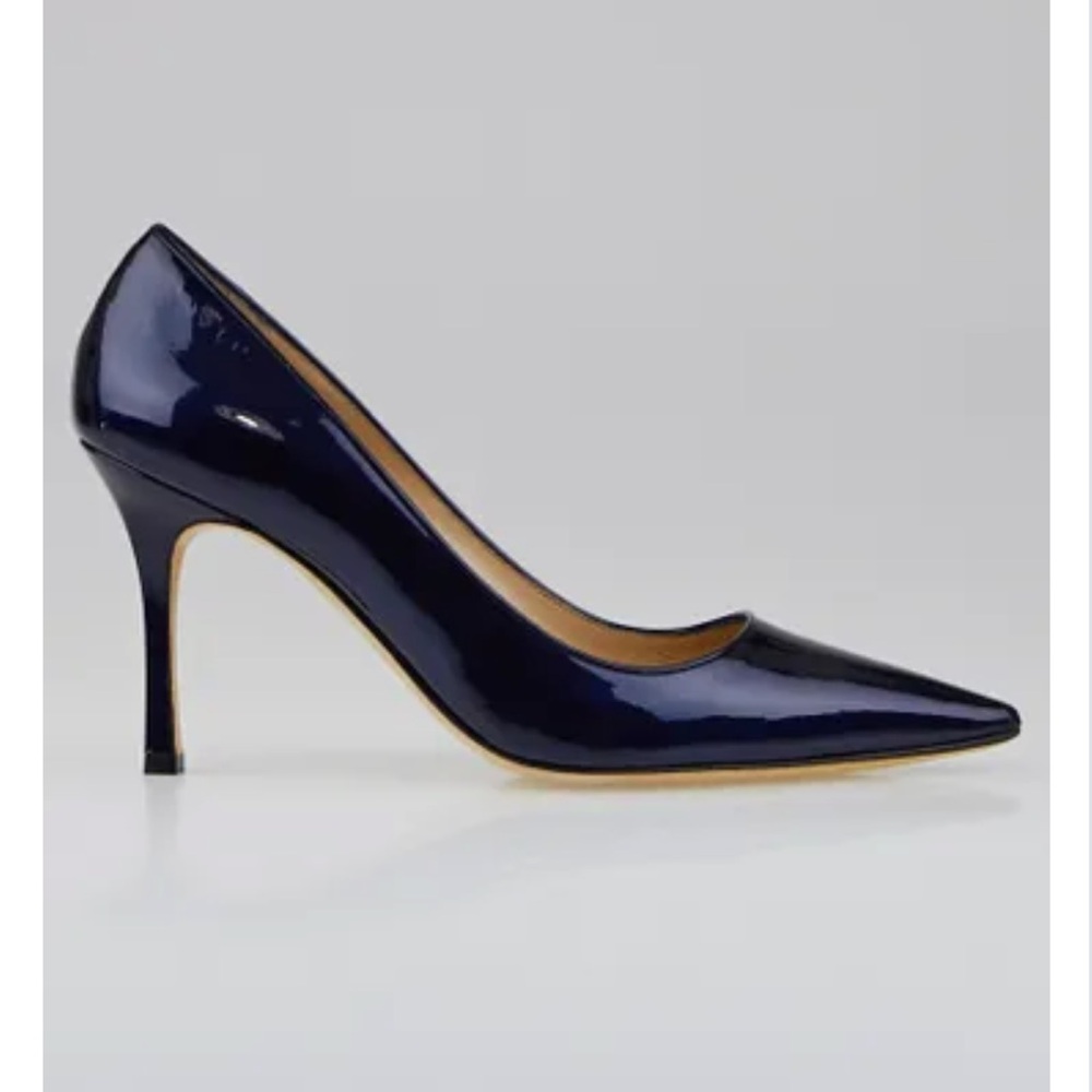 Manolo Blahnik Navy Blue Patent Newcio Pointed Toe Pumps Heels Size 8 / 38 - Picture 2 of 13
